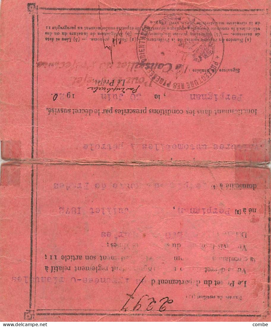 CERTIFICAT DE CAPACITE CIRCULTION DES AUTOMOBILES. PERPIGNAN 1920 - Historical Documents