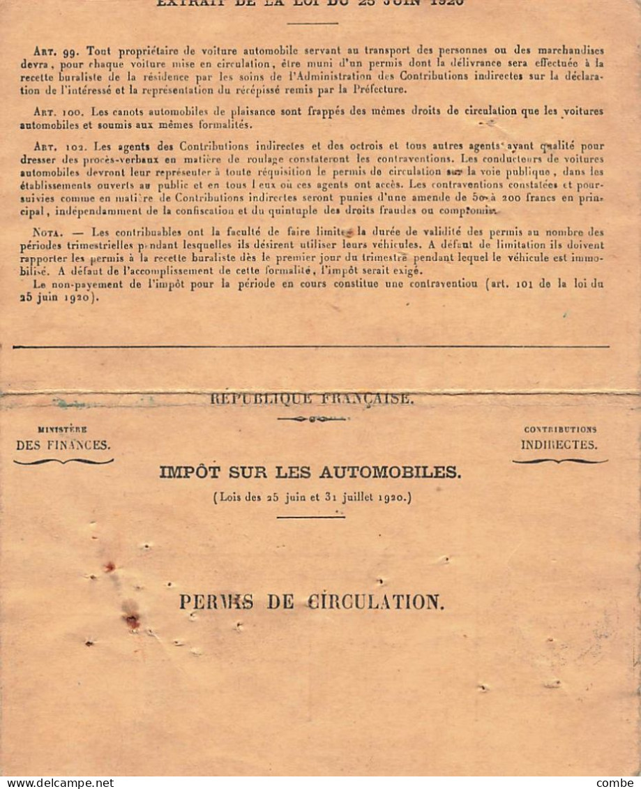 PERMIS DE CIRCULATION DES AUTOMOBILES.  ISSOUDUN 1925 - Documenti Storici