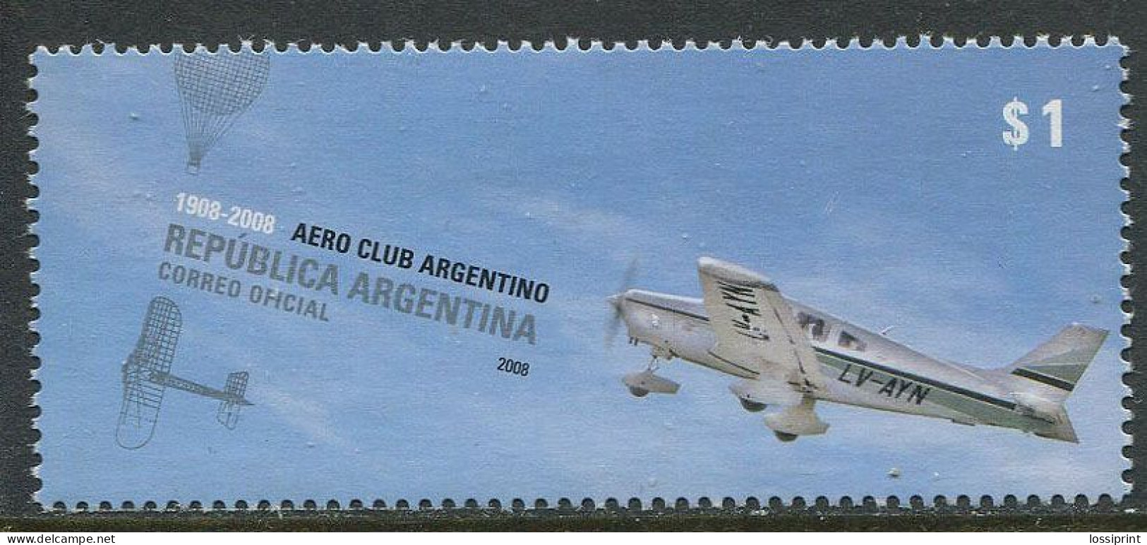 Argentina:Unused Stamp Aero Club Argentino 1908-2008, Airplane, MNH - Airplanes