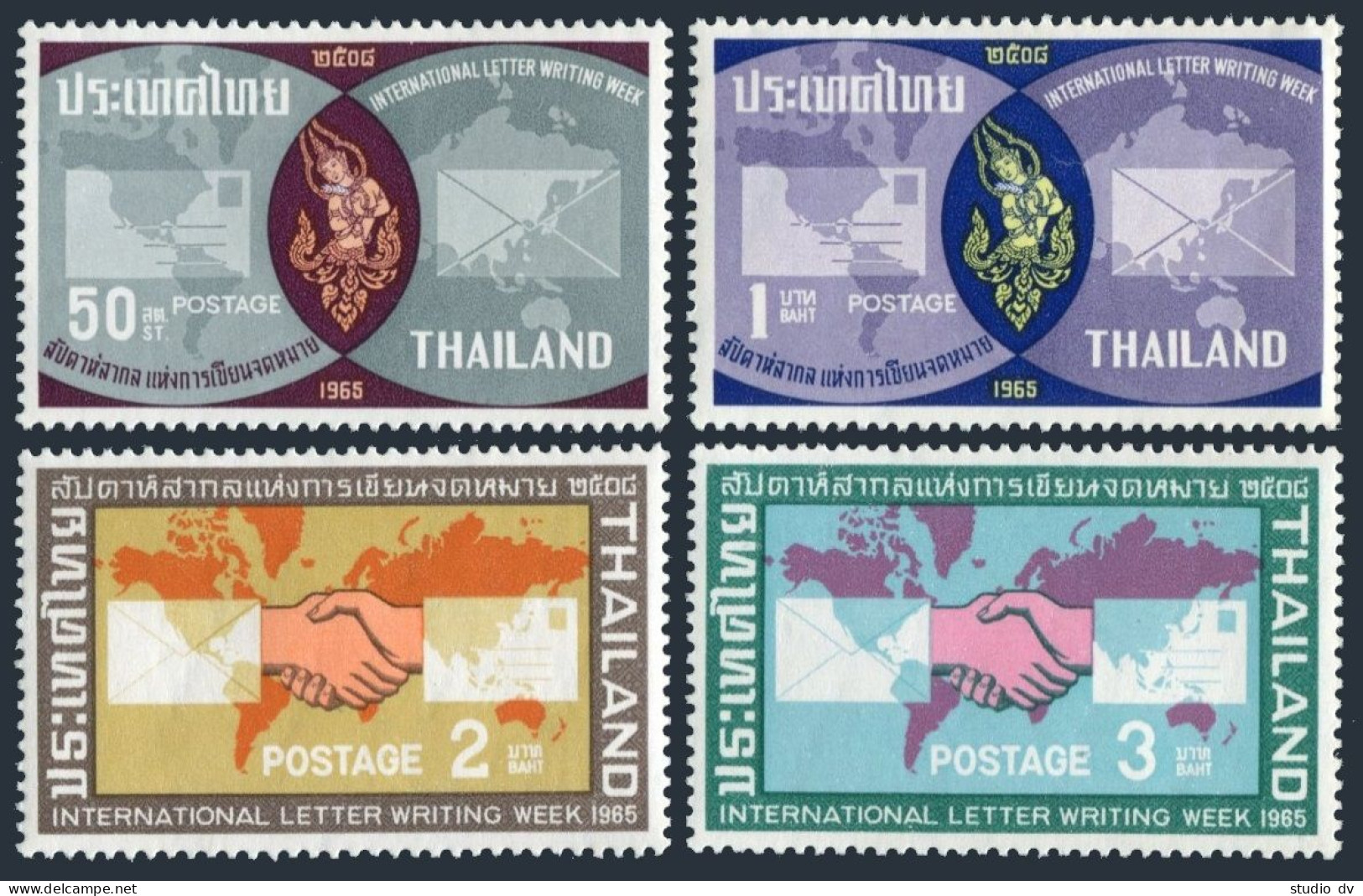 Thailand 431-434,MNH.Mi . Letter Writing Week,1965.World Map,letters,Goddess - Thailand