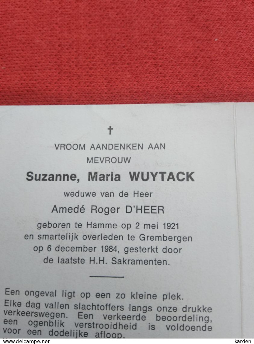 Doodsprentje Suzanne Maria Wuytack / Hamme 2/5/1921 Grembergen 6/12/1984 ( Amedé Roger D'Heer ) - Religione & Esoterismo