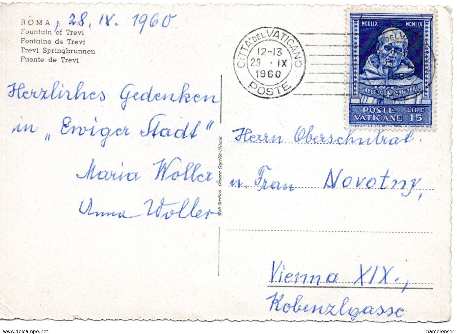 78835 - Vatikan - 1960 - 15L St.Antonius EF A AnsKte CITTA DEL VATICANO -> Oesterreich - Storia Postale