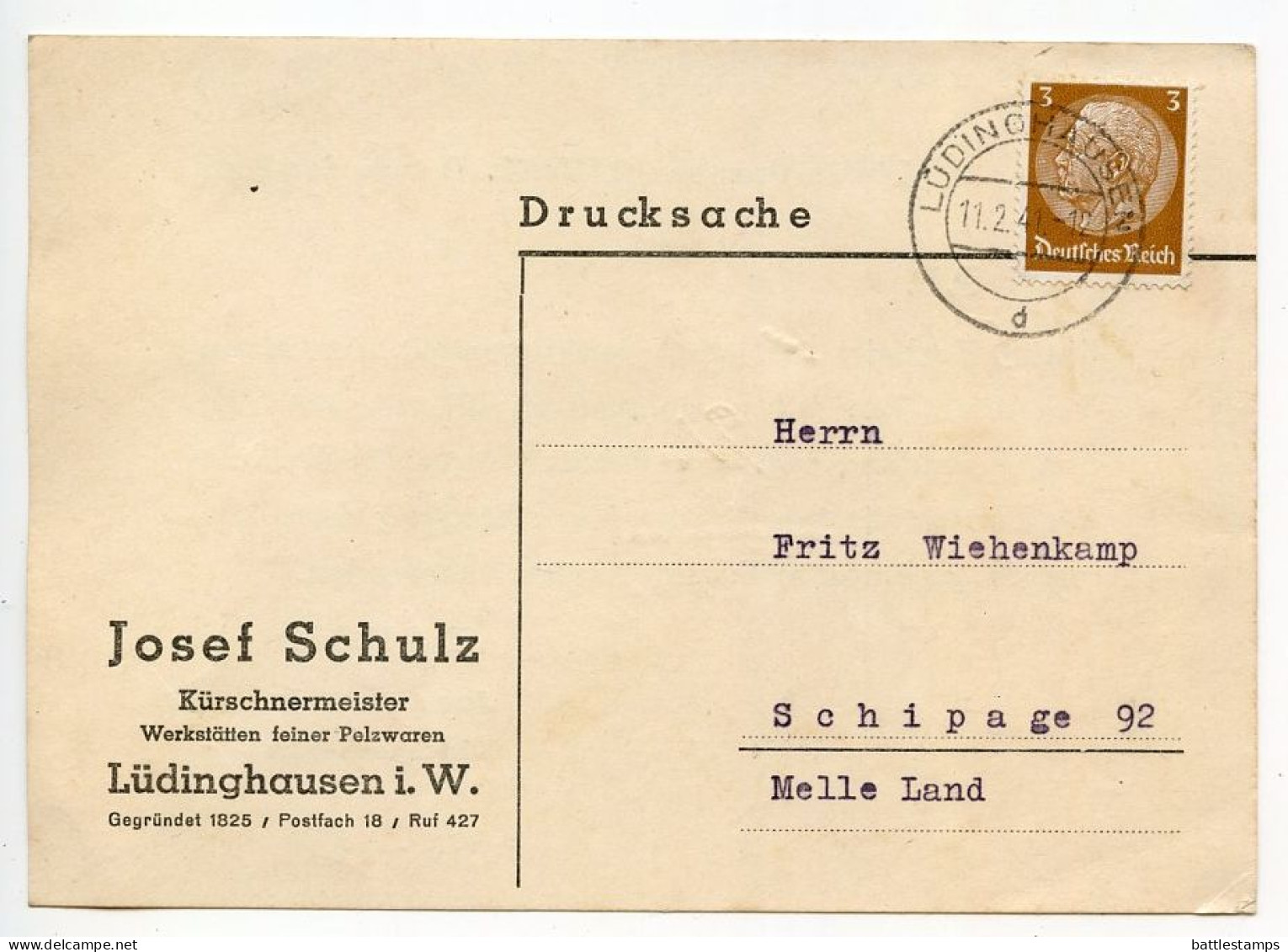 Germany 1941 Postcard; Lüdinghausen - Josef Schulz, Kürschnermeister To Schiplage; 3pf. Hindenburg - Brieven En Documenten