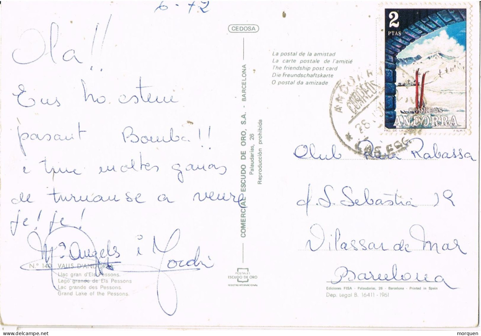 55104. Postal LAS ESCALDES (Andorra Española) 1972. Vista Lago Dels PESSONS - Covers & Documents