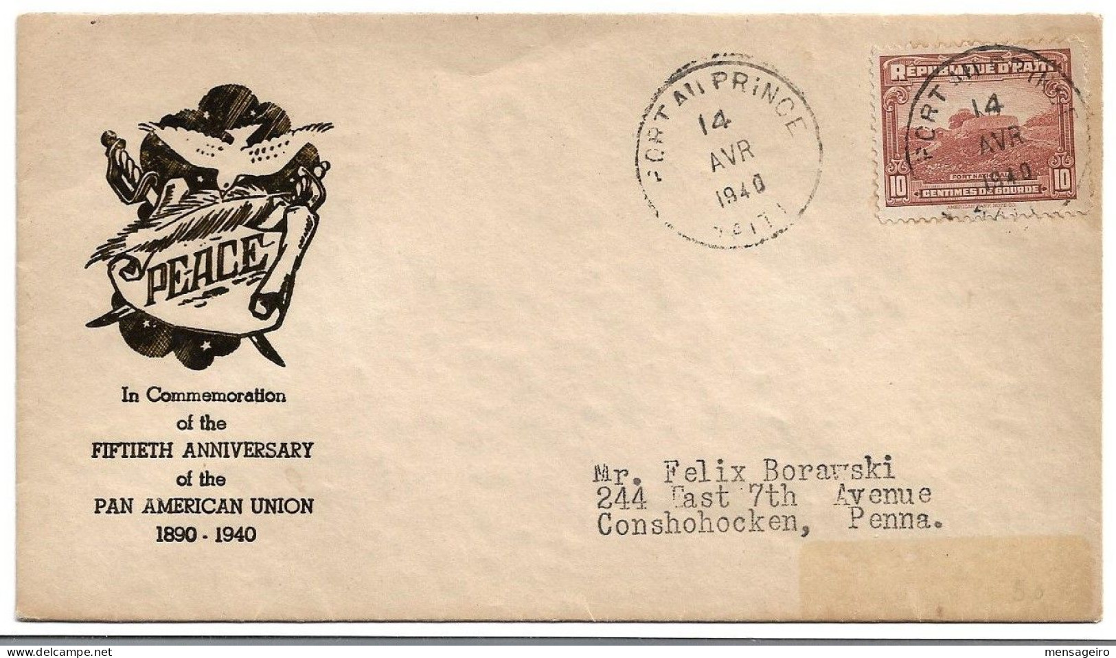 (C01) - HAITI COVER PAU P => USA 1940 -COMMEMORATION OF THE FIFTIEH ANNIVERSARY OF THE PAN AMERICAN UNION 1890-1940 - Haïti