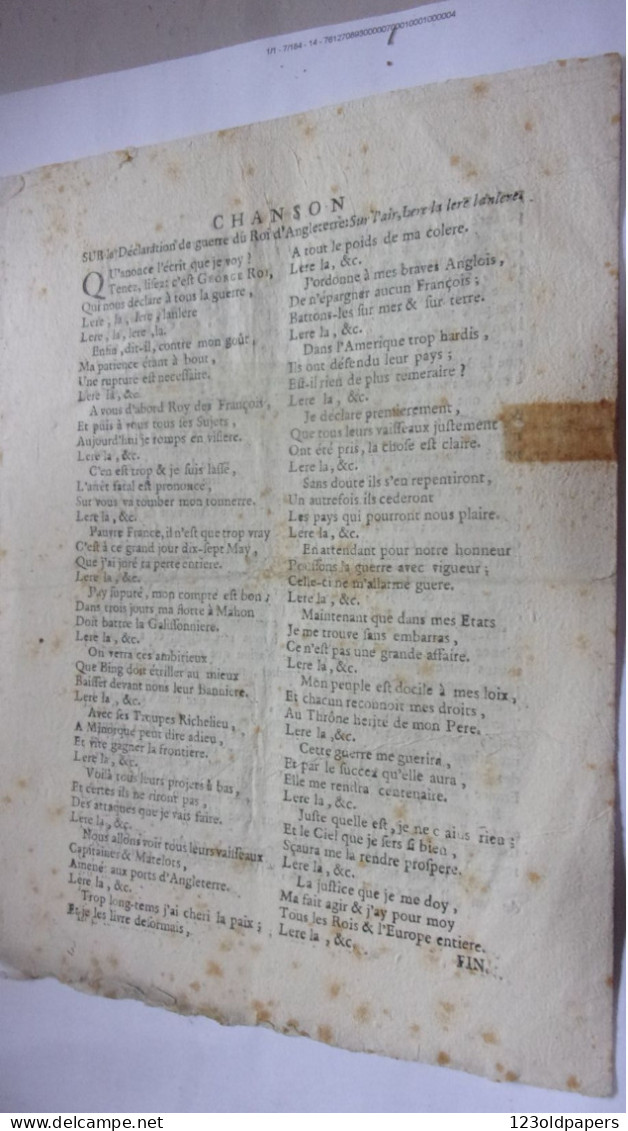 RARE 17 MAI 1756 DECLARATION DE GUERRE DU ROY D ANGLETERRE CONTRE LE ROY DE FRANCE  GEORGES ROY GUERRE DE 7 ANS - Historical Documents