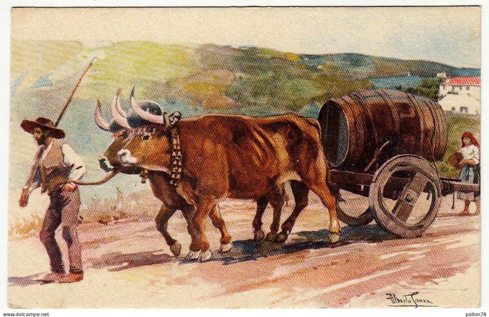 PORTUGAL - CARRO DE BOIS TRANSPORTANDO VINHO - DOURO - VEDI FIRMA ILLUSTRATORE - Vedi Retro - Formato Piccolo - Autres & Non Classés