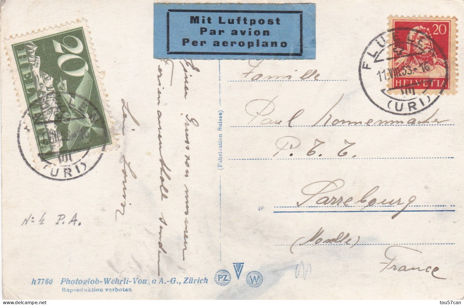 FLÜELEN  -  URI  -  UR  -  SCHWEIZ  -  ANSICHTKARTE  1933  -  SCHÖN  POSTPORTO. - Flüelen