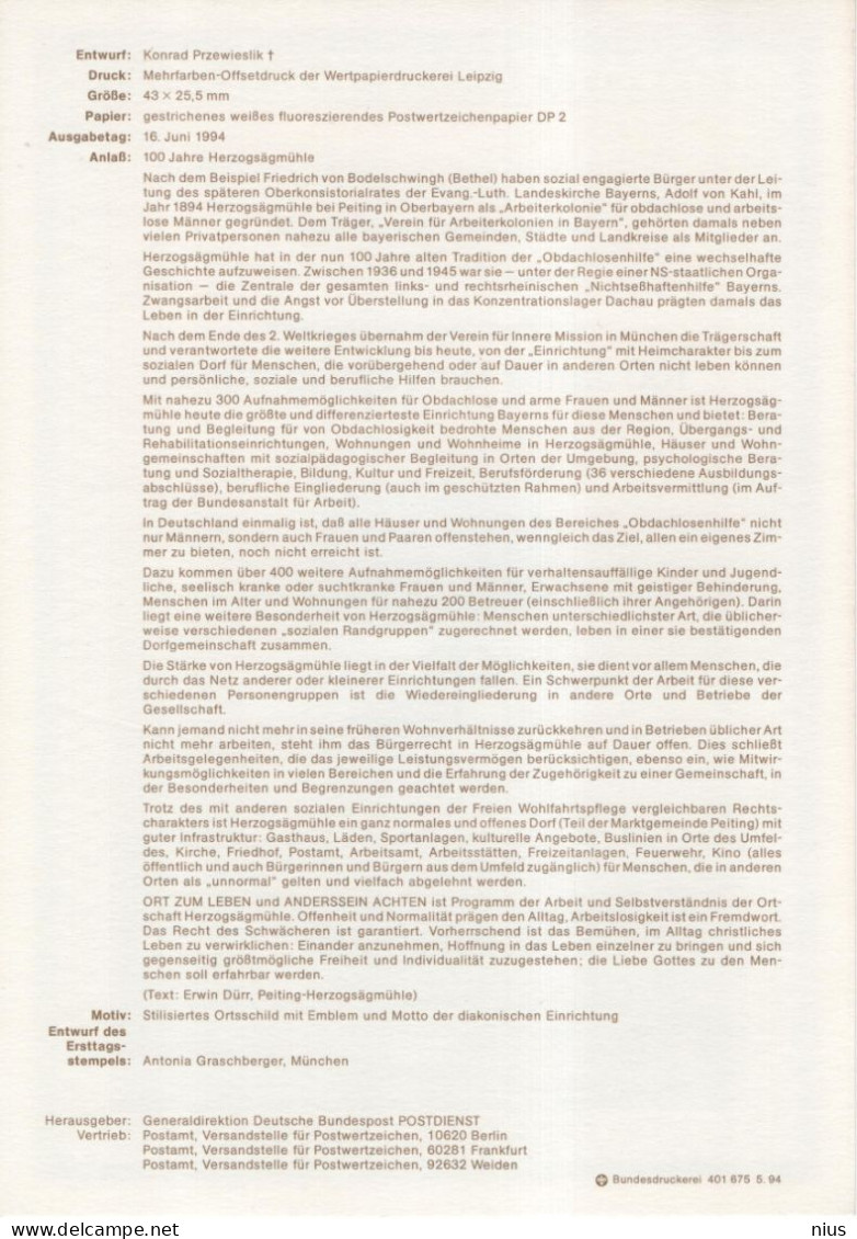 Germany Deutschland 1994-20 100 Jahre Herzogsägmühle, Ort Zum Leben, Place To Live, Canceled In Bonn - 1991-2000