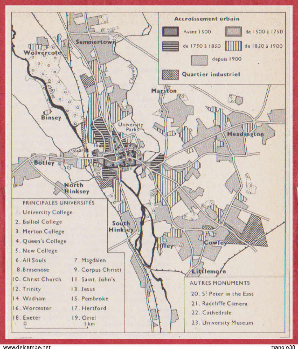 Plan D' Oxford. Angleterre. Carte Avec Accroissement Urbain, Principales Universités, Autres Monuments. Larousse 1960. - Documenti Storici