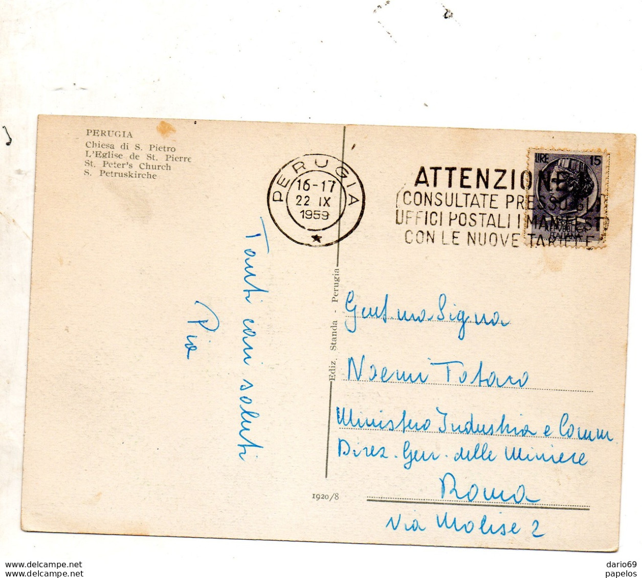 1959 CARTOLINA CON ANNULLO PERUGIA - Perugia