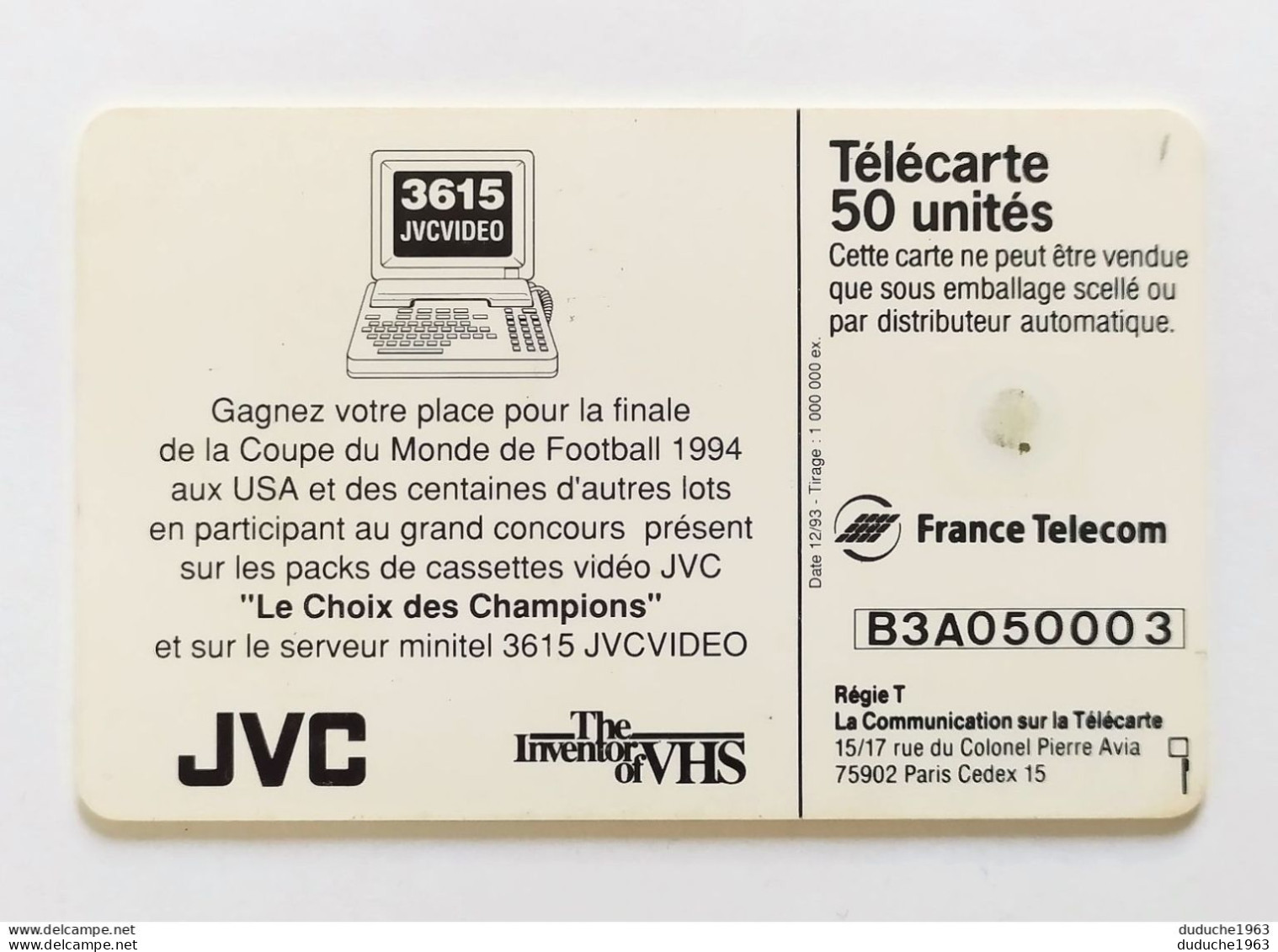 Télécarte France - JVC: Coupe Du Monde Football USA 1994 (Revers Inversé) - Unclassified