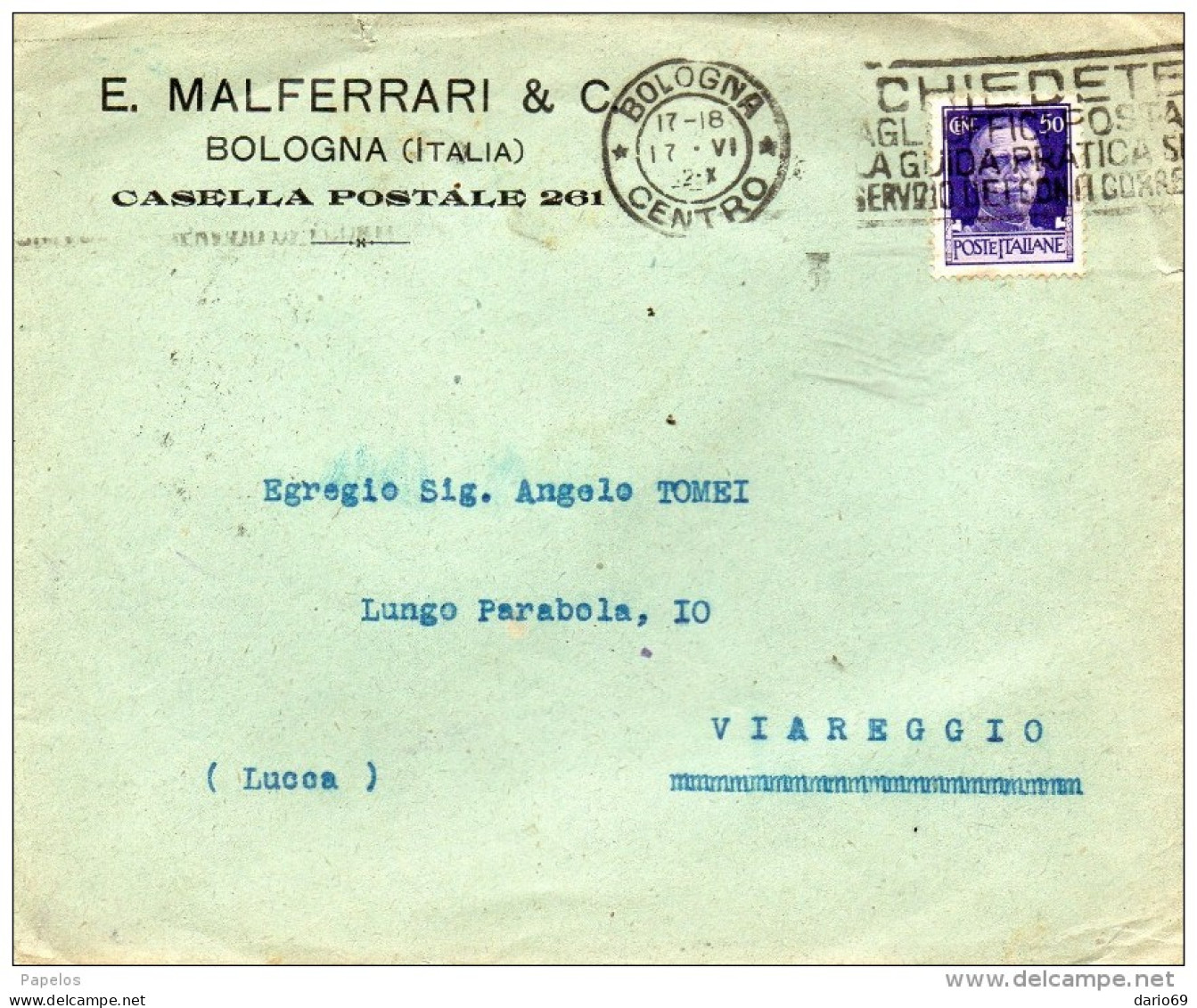 1932  LETTERA  INTESTATA   CON ANNULLO BOLOGNA + TARGHETTA - Marcophilia