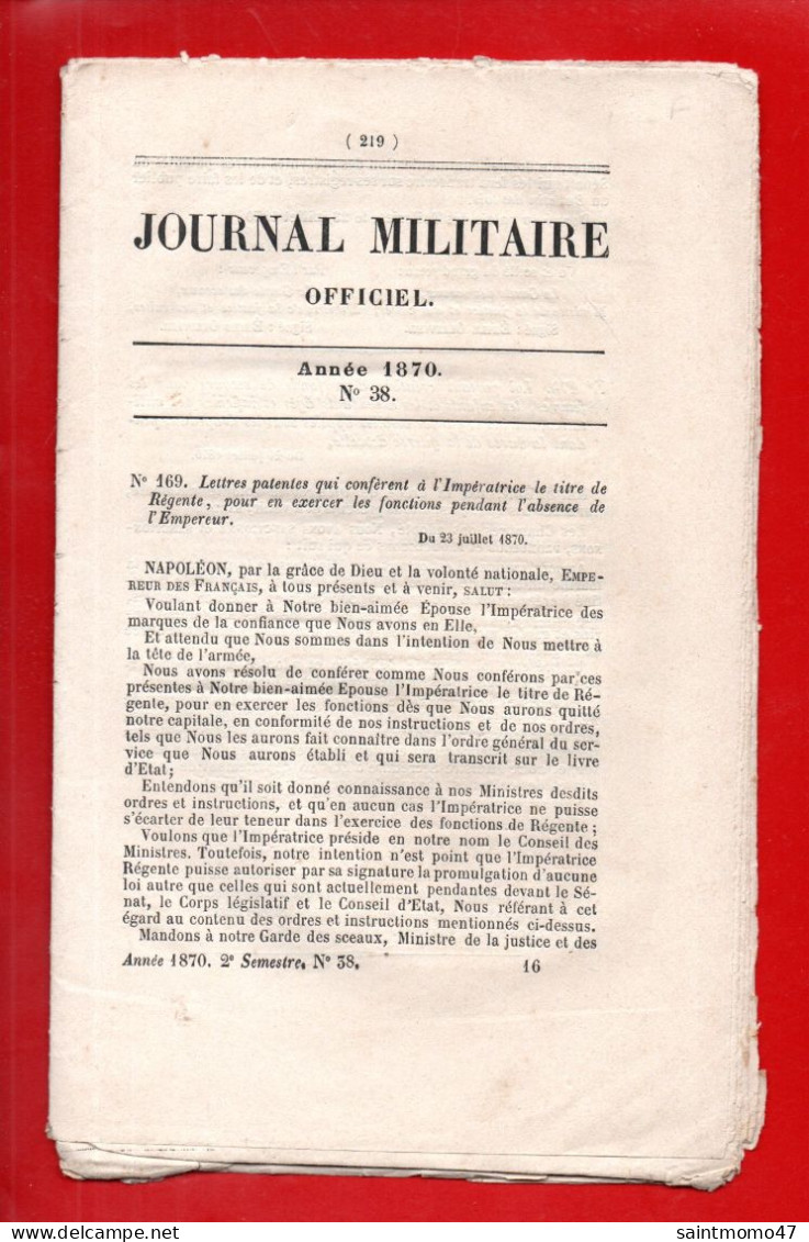 MILITARIA . JOURNAL MILITAIRE OFFICIEL . ANNÉE 1870 - Réf. N°381F - - French