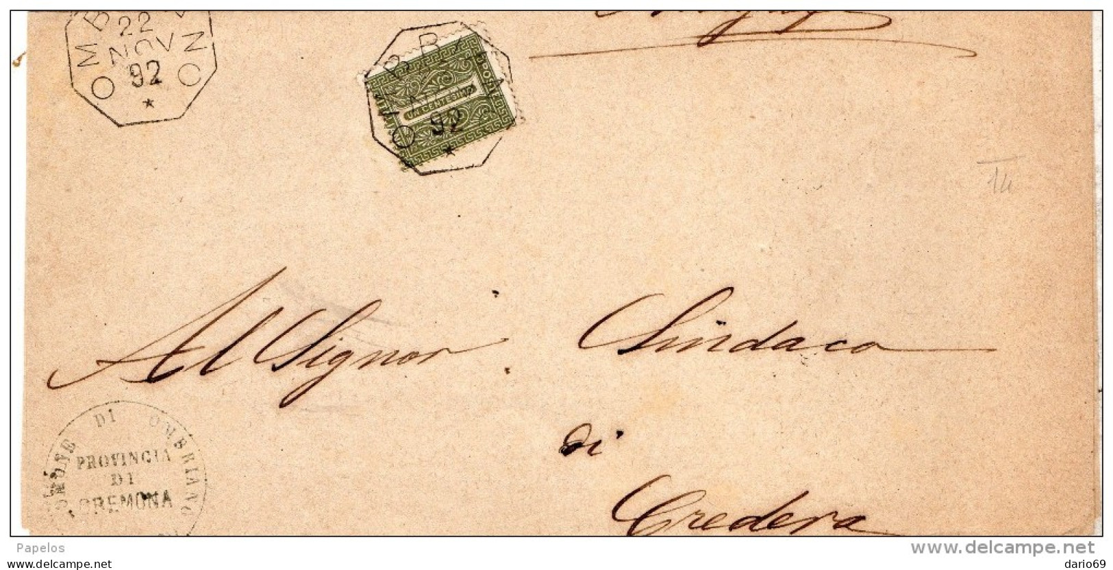 1892 LETTERA CON ANNULLO OMBRIANO  CREMA - Storia Postale