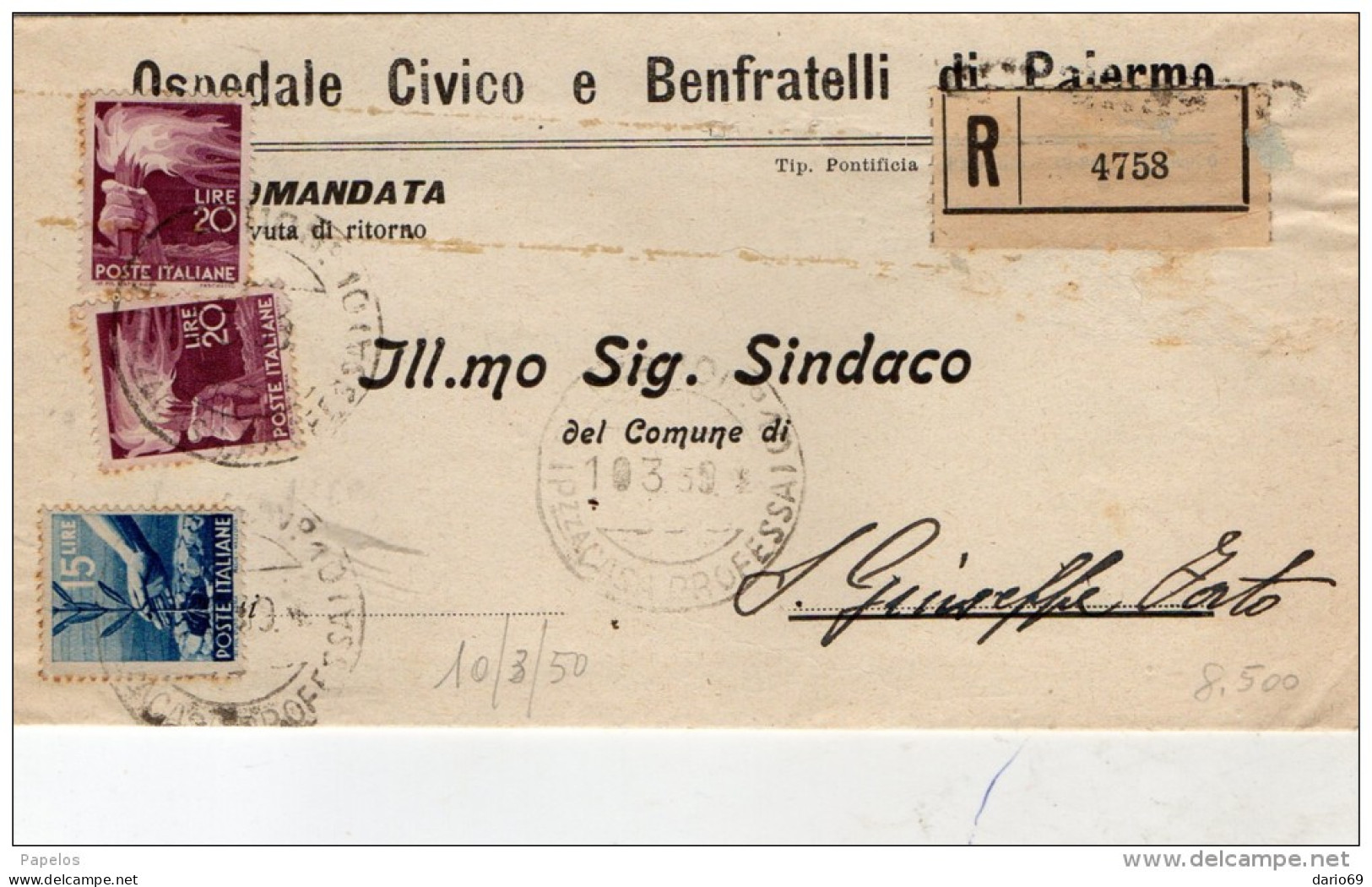 1950 LETTERA RACCOMANDATA CON ANNULLO PALERMO - 1946-60: Poststempel