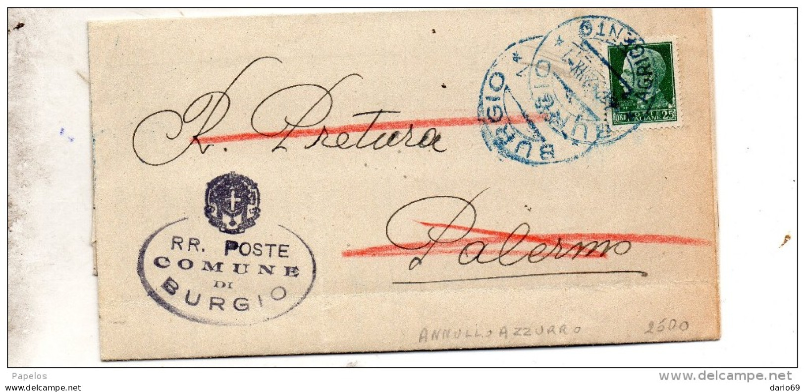 1942 LETTERA CON ANNULLO BURGIO  AGRIGENTO - ANNULLO AZZURRO - Marcofilie