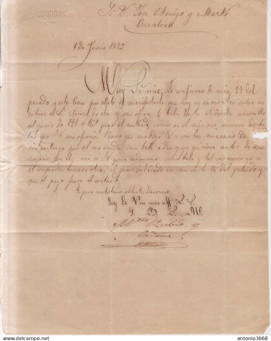 Año 1870 Edifil 107 Efigie Carta Matasellos Rombo Valencia Membrete M.Rubio Cadena - Covers & Documents