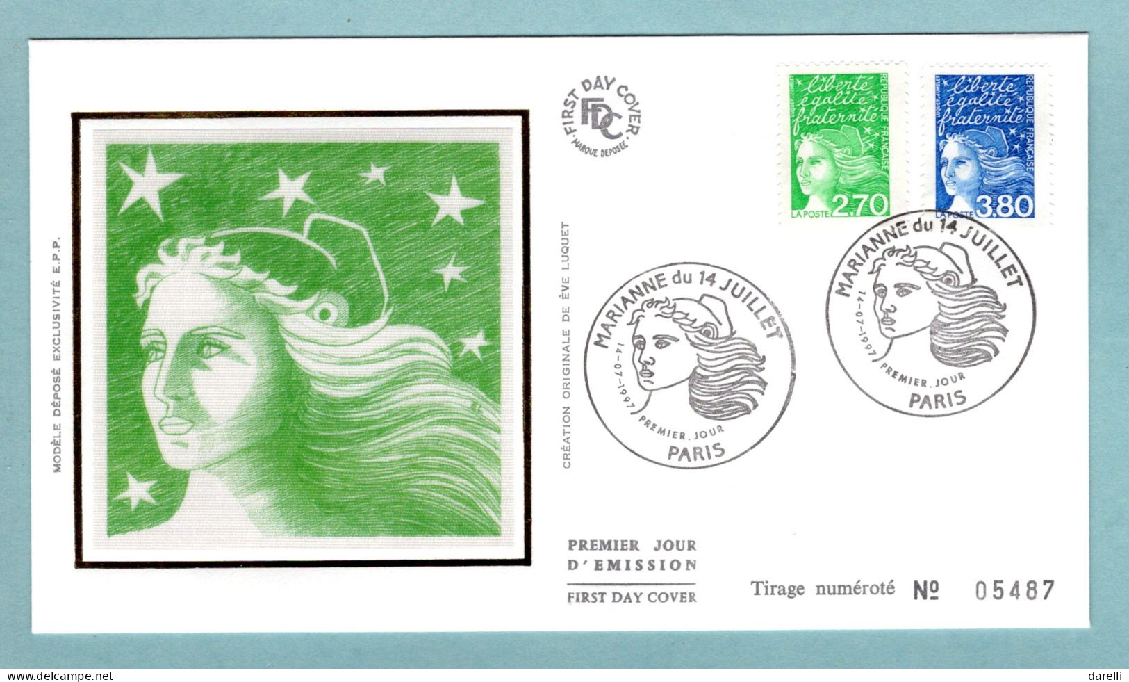 FDC France 1997 - Marianne Du 14 Juillet 1997 (de Luquet) - YT 3091 Et 3093 - Paris - 1990-1999