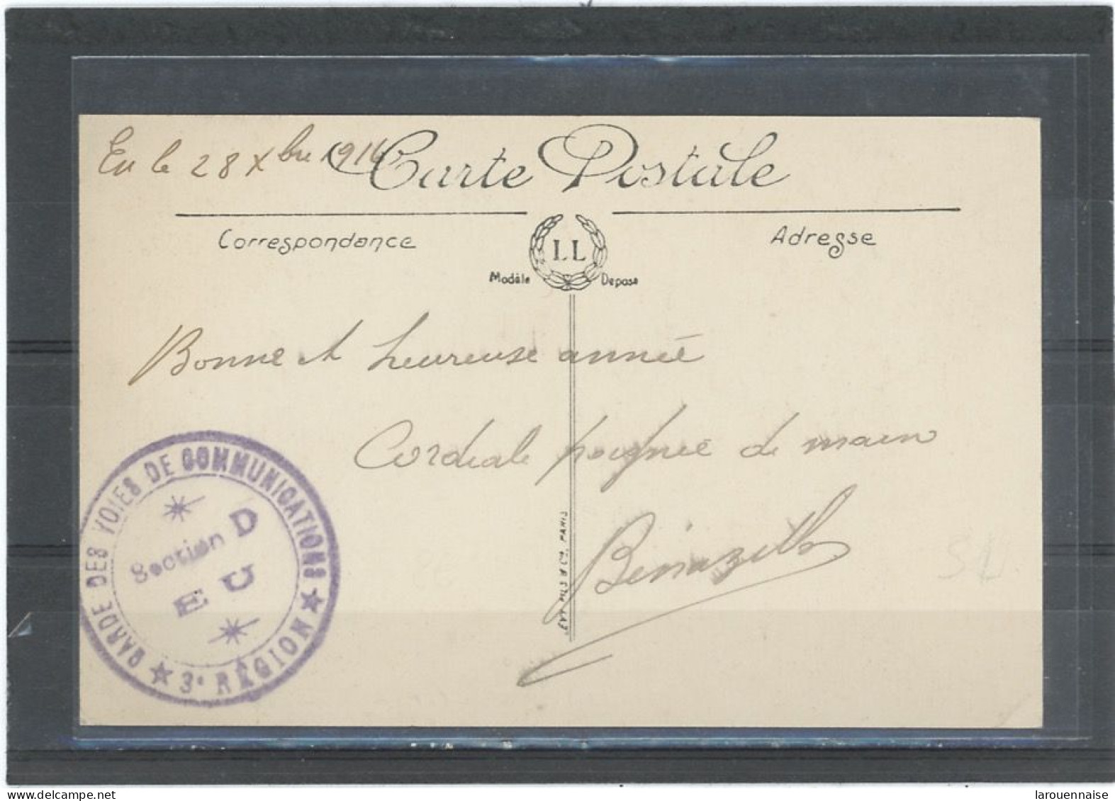 CACHET MILITAIRE -76 EU -CP- FRAPPE SUP-DOUBLE CERCLE ,VIOLET,38mm-GARDE DES VOIES DE COMMUNICATIONS /*3è REGION * - Guerre De 1914-18