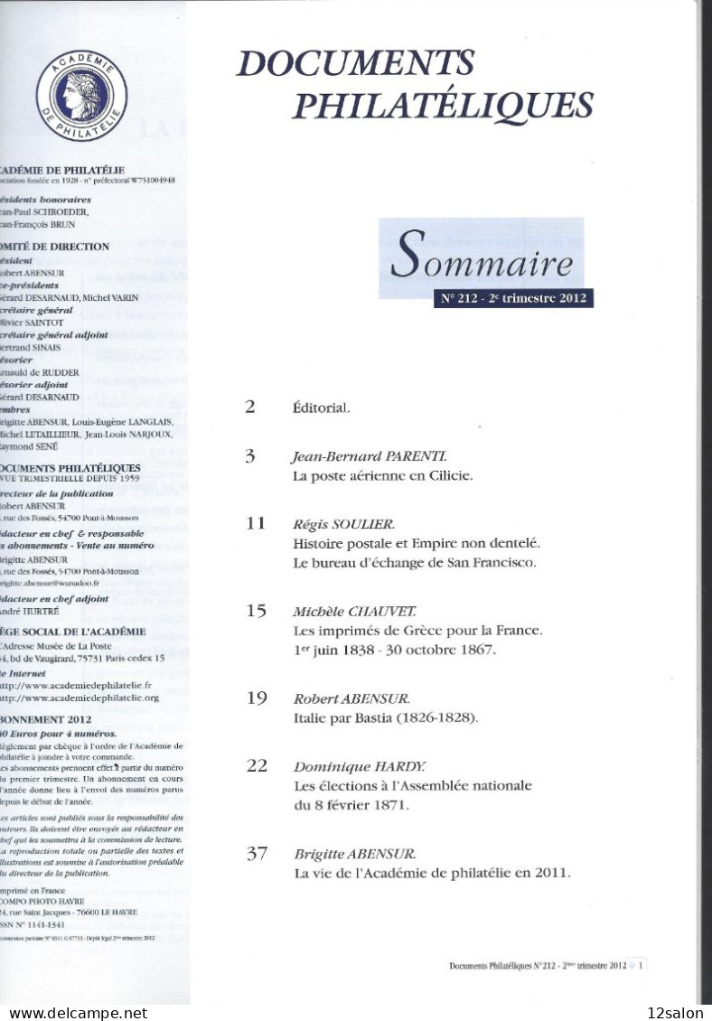 ACADEMIE DE PHILATELIE DOCUMENTS PHILATELIQUES N° 212 + Sommaire - Sonstige & Ohne Zuordnung