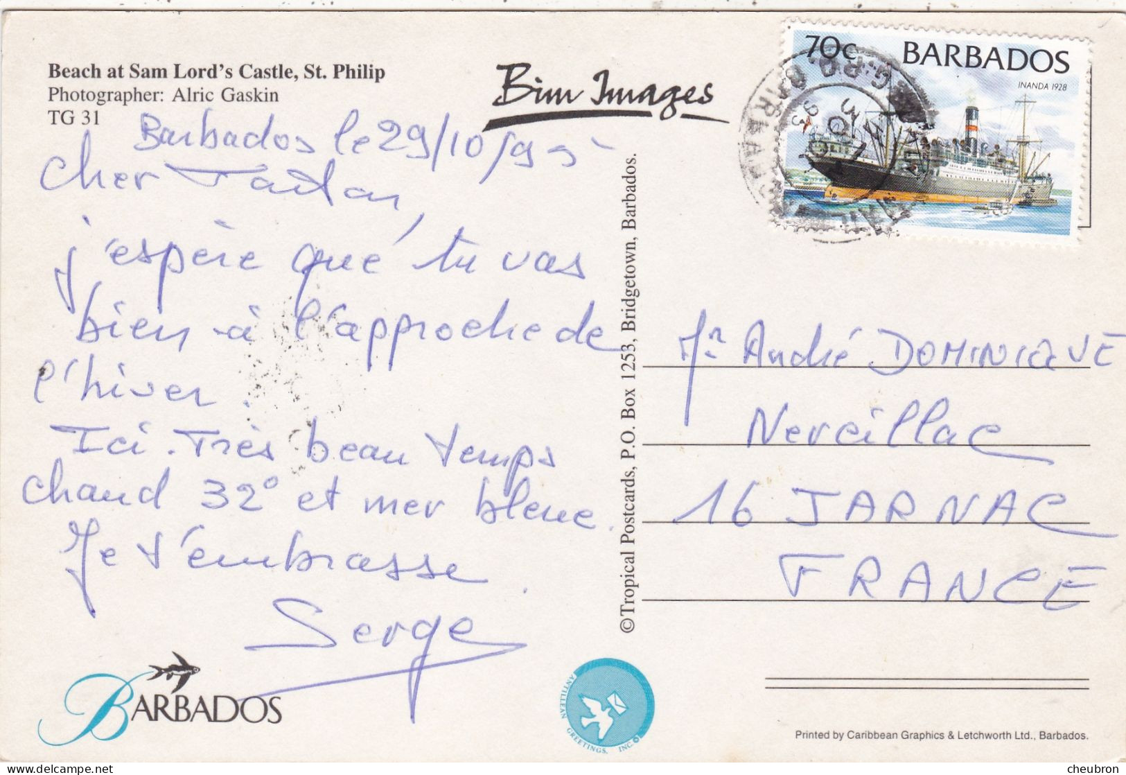 BARBADES. . BARBADOS ( ENVOYE DE). " BEACH AT SAM LORD'S CASTLE ST .PHILIP ". ANNEE 1995 + TEXTE + TIMBRE - Barbades