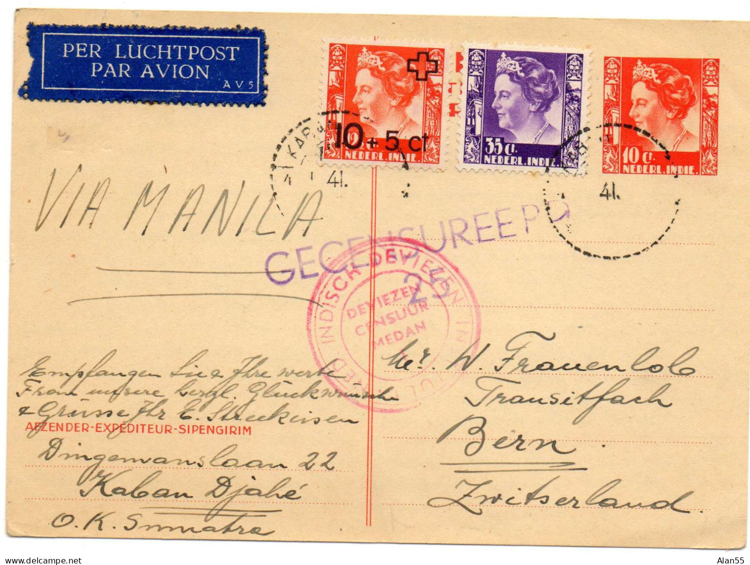 INDES NEERLANDAISES.1941. ENTIER POSTAL. SURCHARGE ROODE KRUIS  POUR  (SUISSE).   2 CENSURES. - Indes Néerlandaises