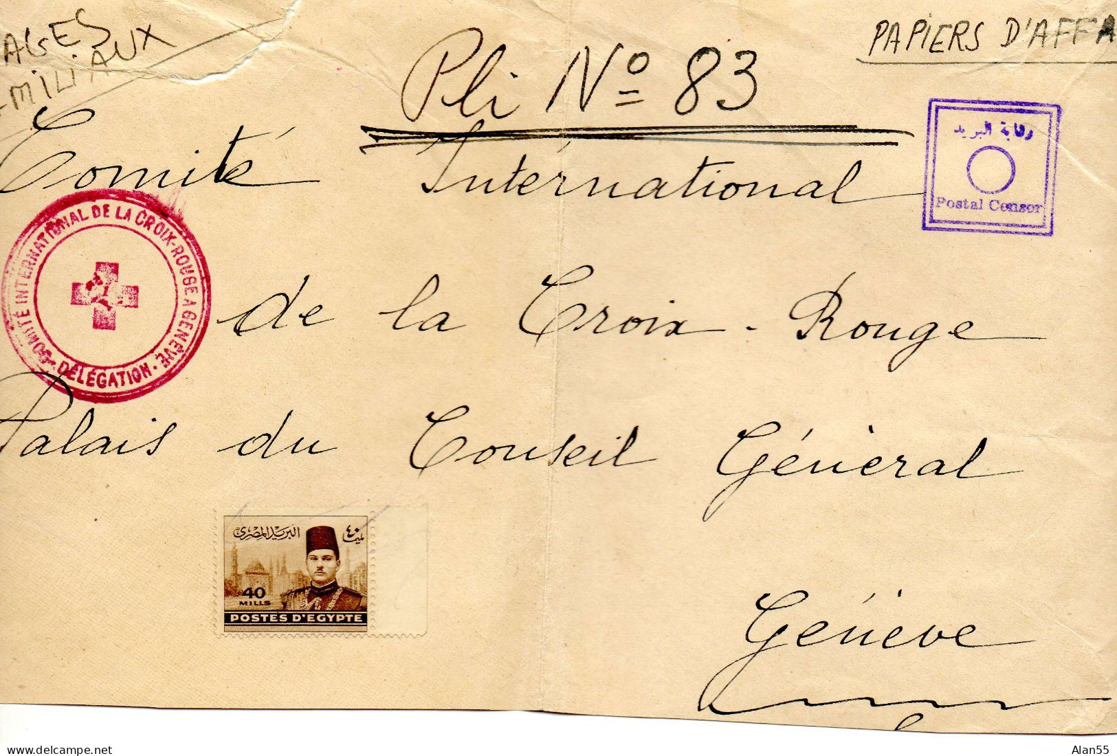 EGYPTE. 194. COMITE INTERNATIONAL CROIX-ROUGE  EN EGYPTE POUR C.I.C.R. GENEVE (SUISSE).CENSURE.(devant De Lettre) - Brieven En Documenten