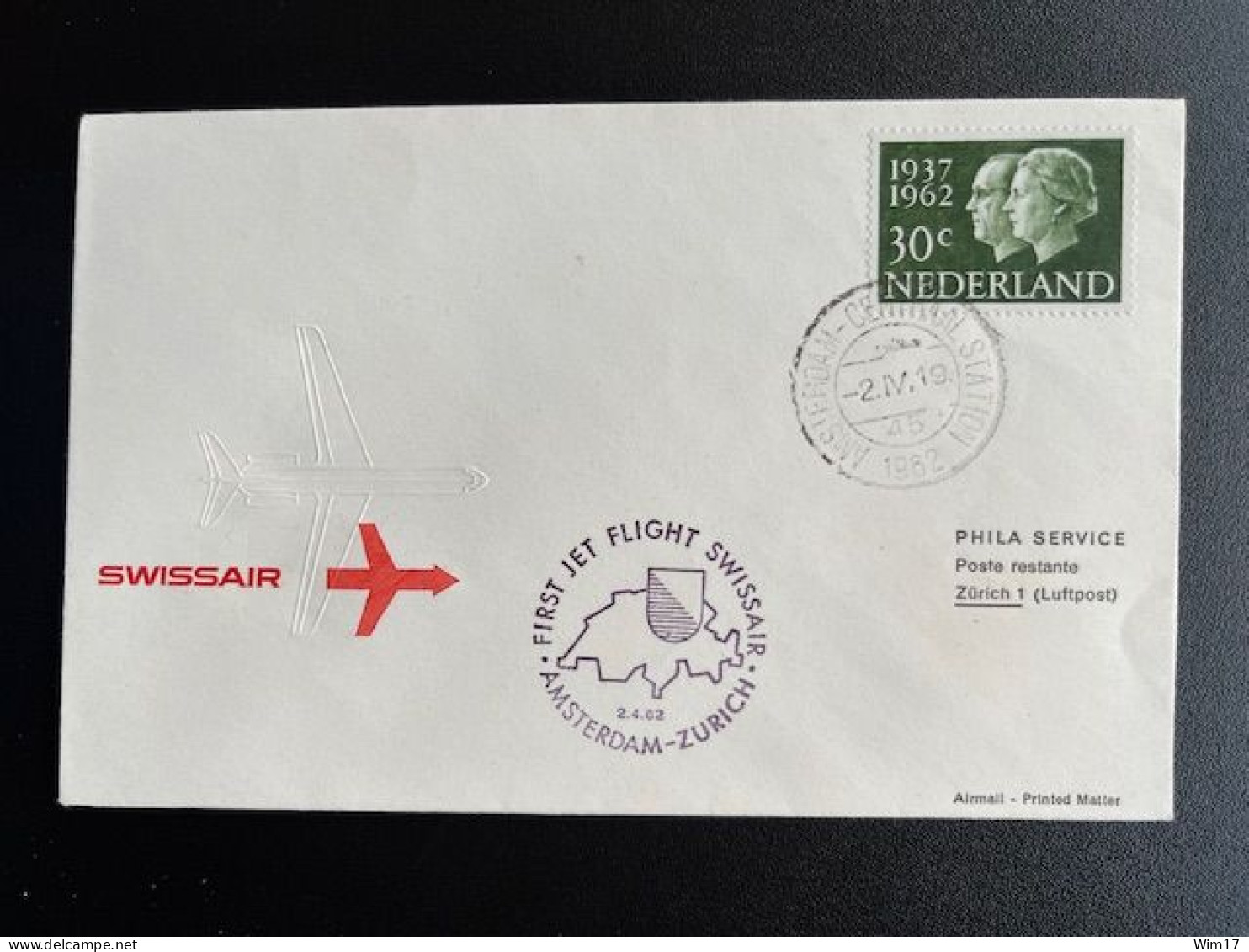 NETHERLANDS 1962 FIRST FLIGHT COVER SWISSAIR AMSTERDAM TO ZURICH 02-04-1962 NEDERLAND - Storia Postale