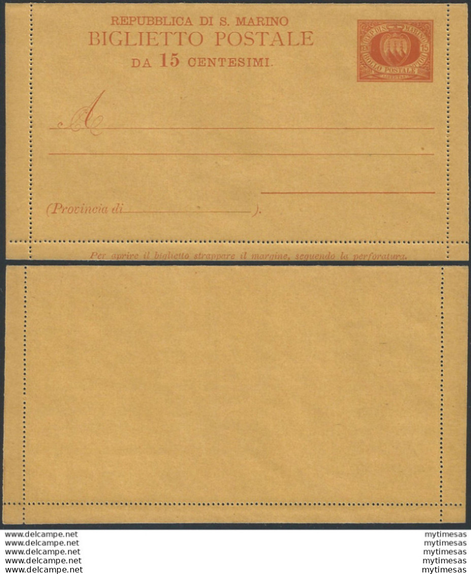 1907 San Marino Biglietti Postali Stemma 15c. Arancio MNH Filagrano B3 - Autres & Non Classés