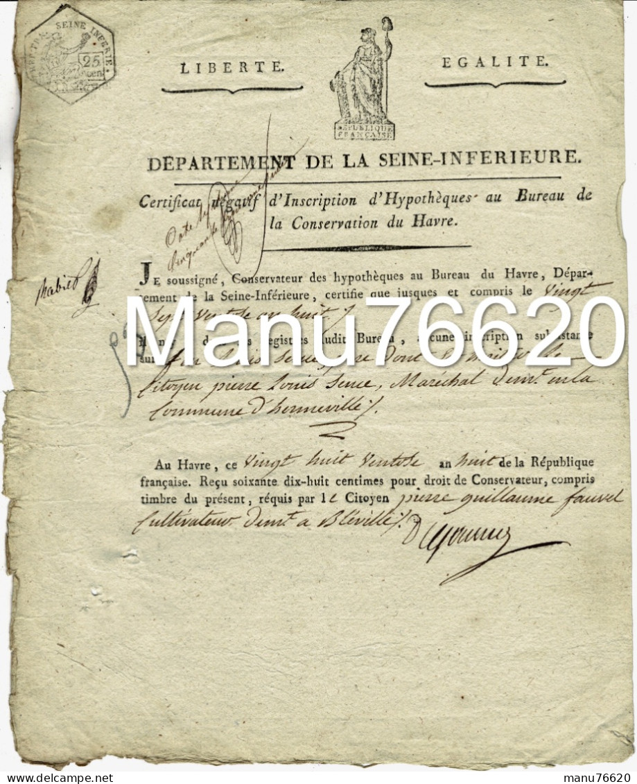 Ref 2 - RARE!, Lettre, Document Notarial , Bléville Environ Le Havre  , An Huit (1799/1800) . - Manoscritti