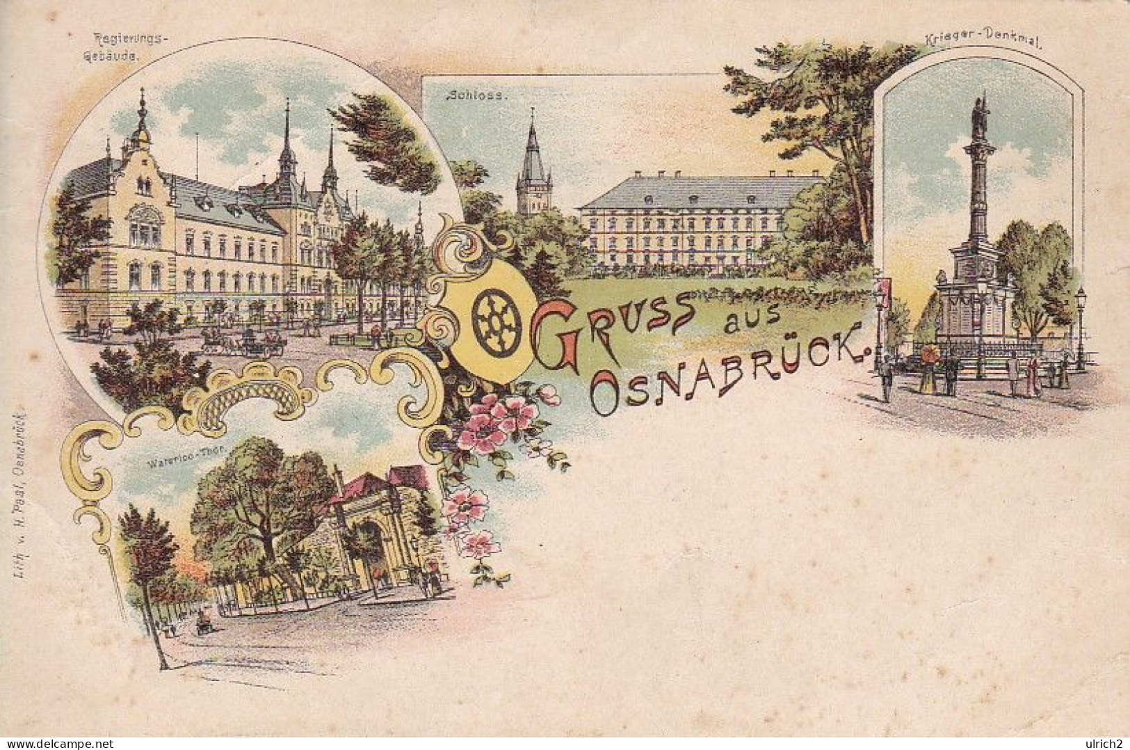 AK Gruss Aus Osnabrück - Waterloo-Thor Regierungsgebäude Schloss Krieger-Denkmal- Litho - Ca. 1900 (69408) - Osnabrück