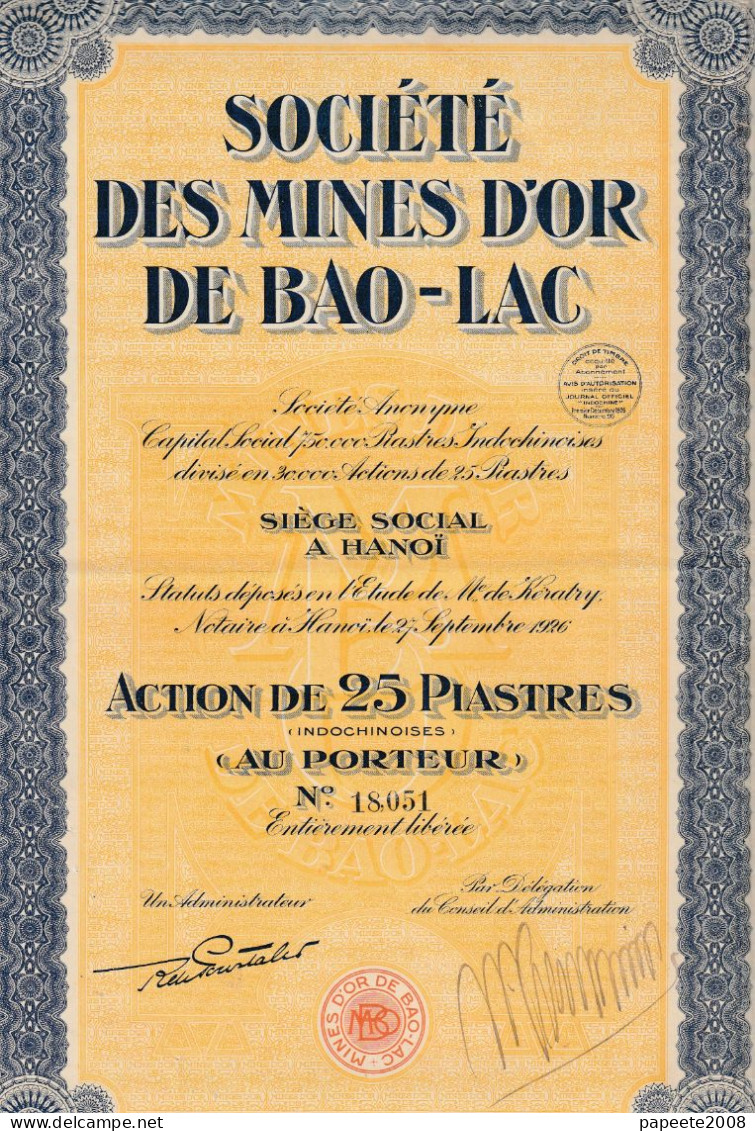 Indochine - Sté Des Mines D'or De Bao-Lac - Action De 25 PI - Asia