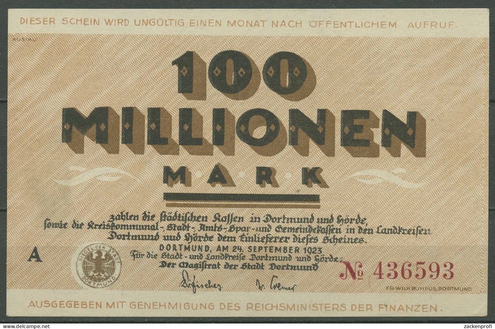 Dortmund 100 Millionen Mark 1923, Keller 1061 L, Fast Kassenfrisch (K1100) - Sonstige & Ohne Zuordnung