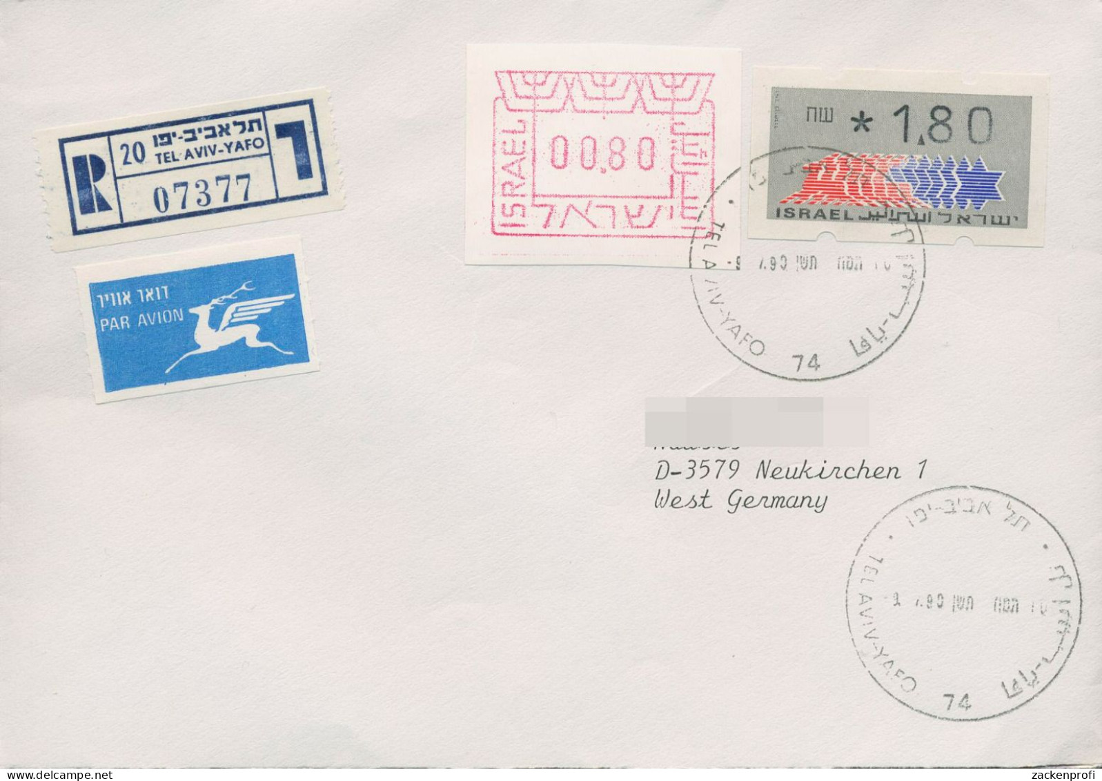 Israel ATM 1990 ATM Mischfrankatur Luftpost Einschreiben ATM 1d/2 MiF (X80398) - Franking Labels