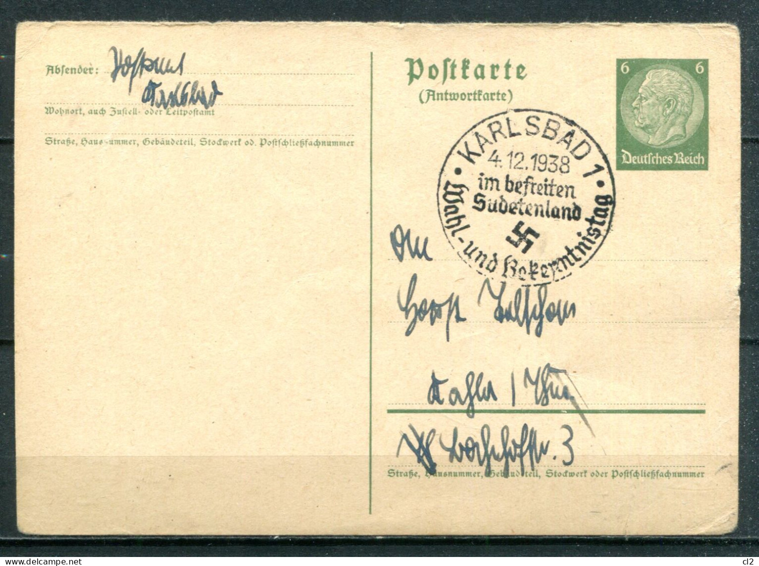 ALLEMAGNE - 4.12.38 - Mi P229IA - "KARSLBAD Im Befreiten Sudetenland" - Briefkaarten