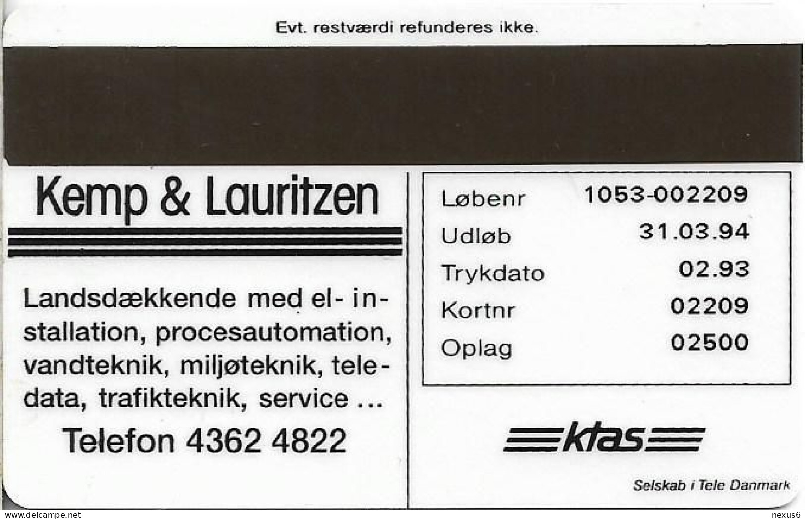 Denmark - KTAS - Kemp & Lauritsen - TDKP018- 02.1993, 2.500ex, 20kr, Used