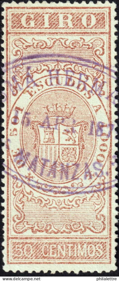 ESPAGNE / ESPAÑA - COLONIAS (Cuba) 1868 Sellos Para GIRO Fulcher 651/2 50c Castaño - Cancelado Marca De Matanzas - Kuba (1874-1898)