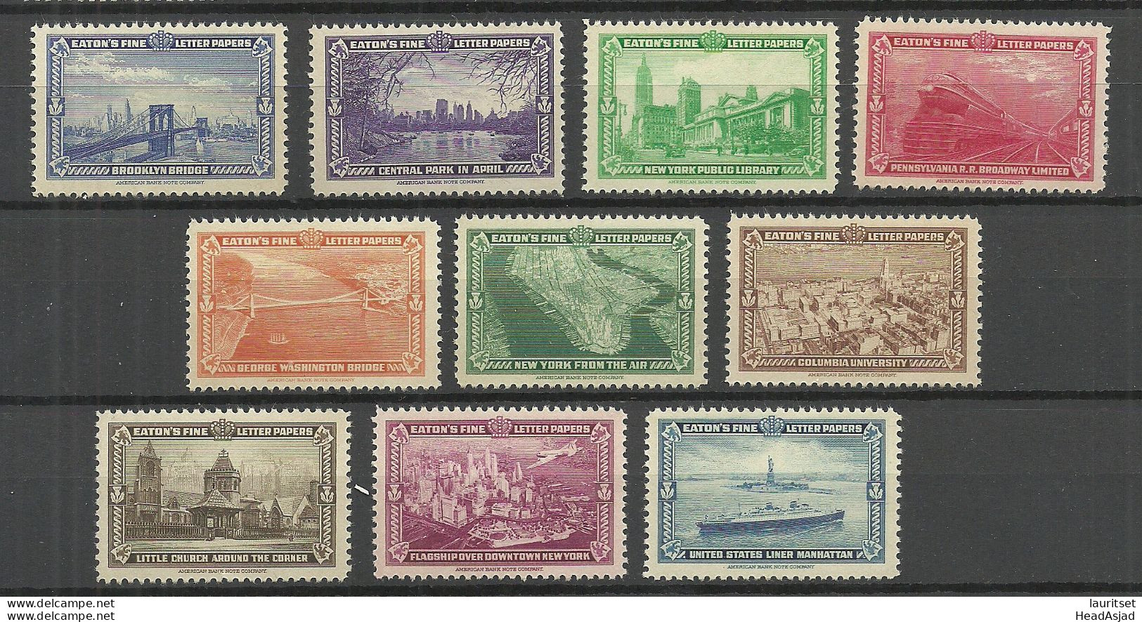 USA Eaton`s Fine Letter Papers Architecture Buildings Etc. 10 Vignettes Poster Stamps MNH - Autres & Non Classés