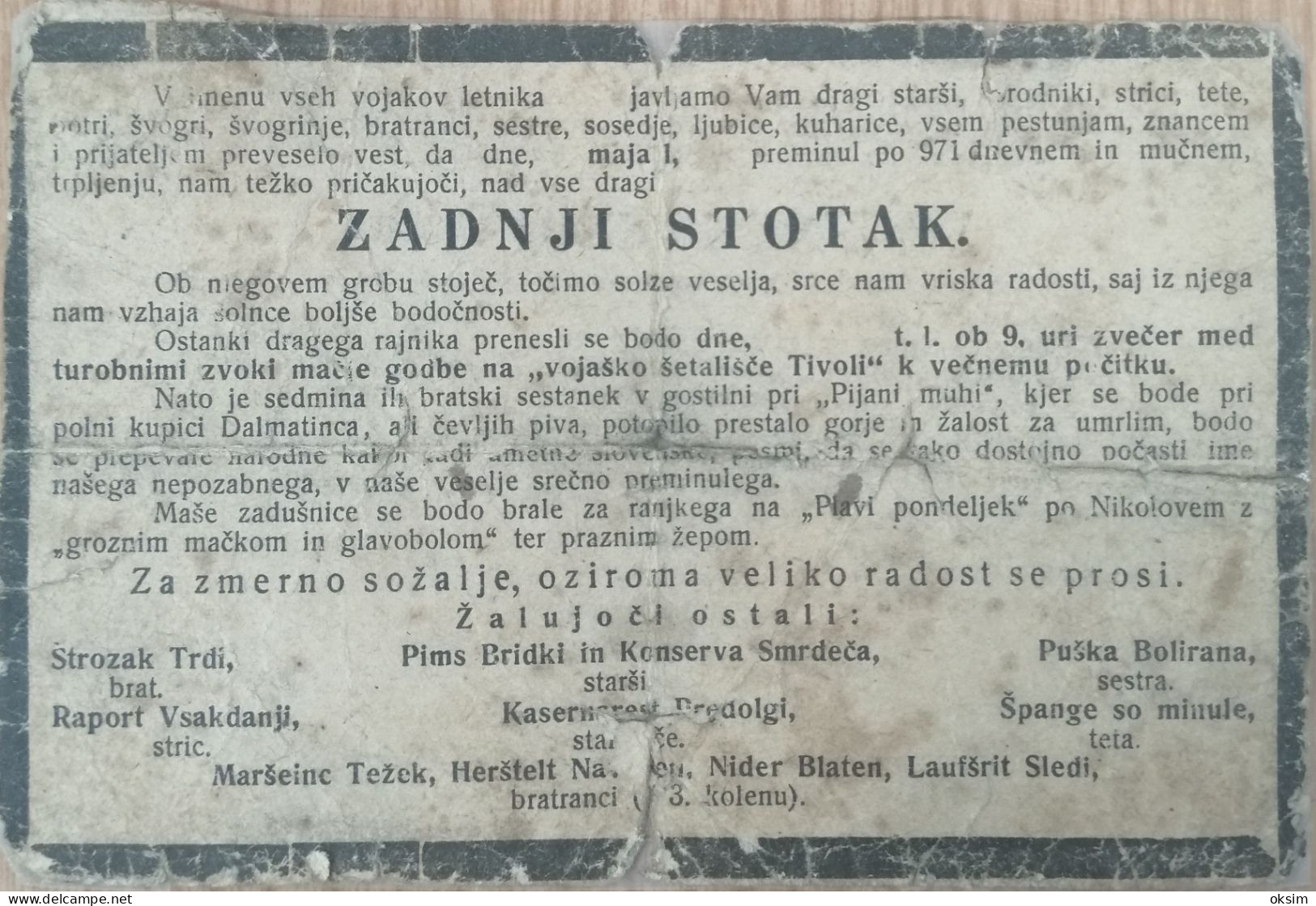 ZADNJI STOTAK, RAZGLEDNICA POSLANA IZ KOBARIDA, NENAVADNA VSEBINA, KOT HUMORNA OSMRTNICA!!!, Slabša Ohranjenost - Slovenia