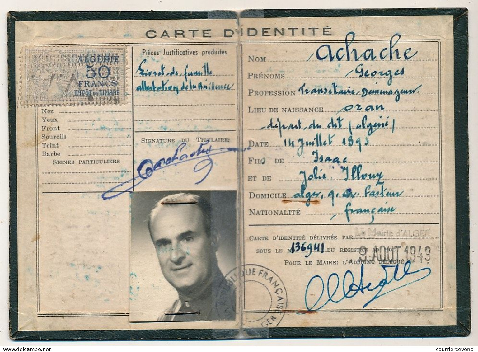 ALGERIE - FISCAUX 80c, 10f, 50f Sur 2 Cartes D'identité - Alger 1940 Et 1943 - Other & Unclassified