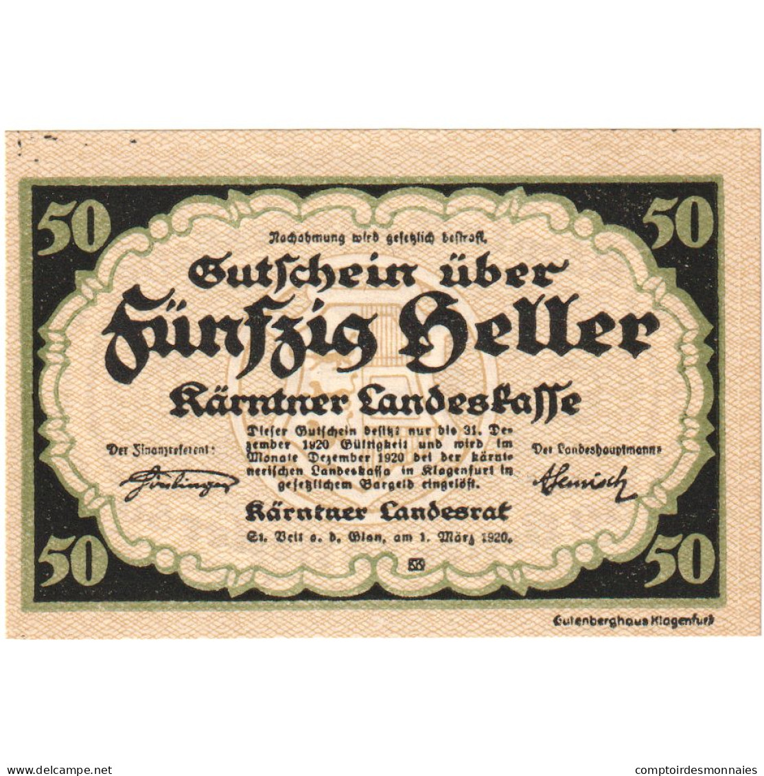 Autriche, Landesrat, 50 Heller, Blason, 1920, 1920-03-01, SPL, Mehl:FS 427 - Oostenrijk