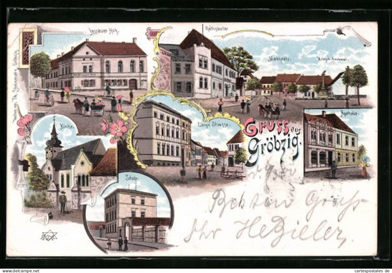 Lithographie Gröbzig, Hotel Dessauer Hof, Restaurant Ratskeller, Marktplatz, Kriegerdenkmal Und Lange Strasse  - Dessau