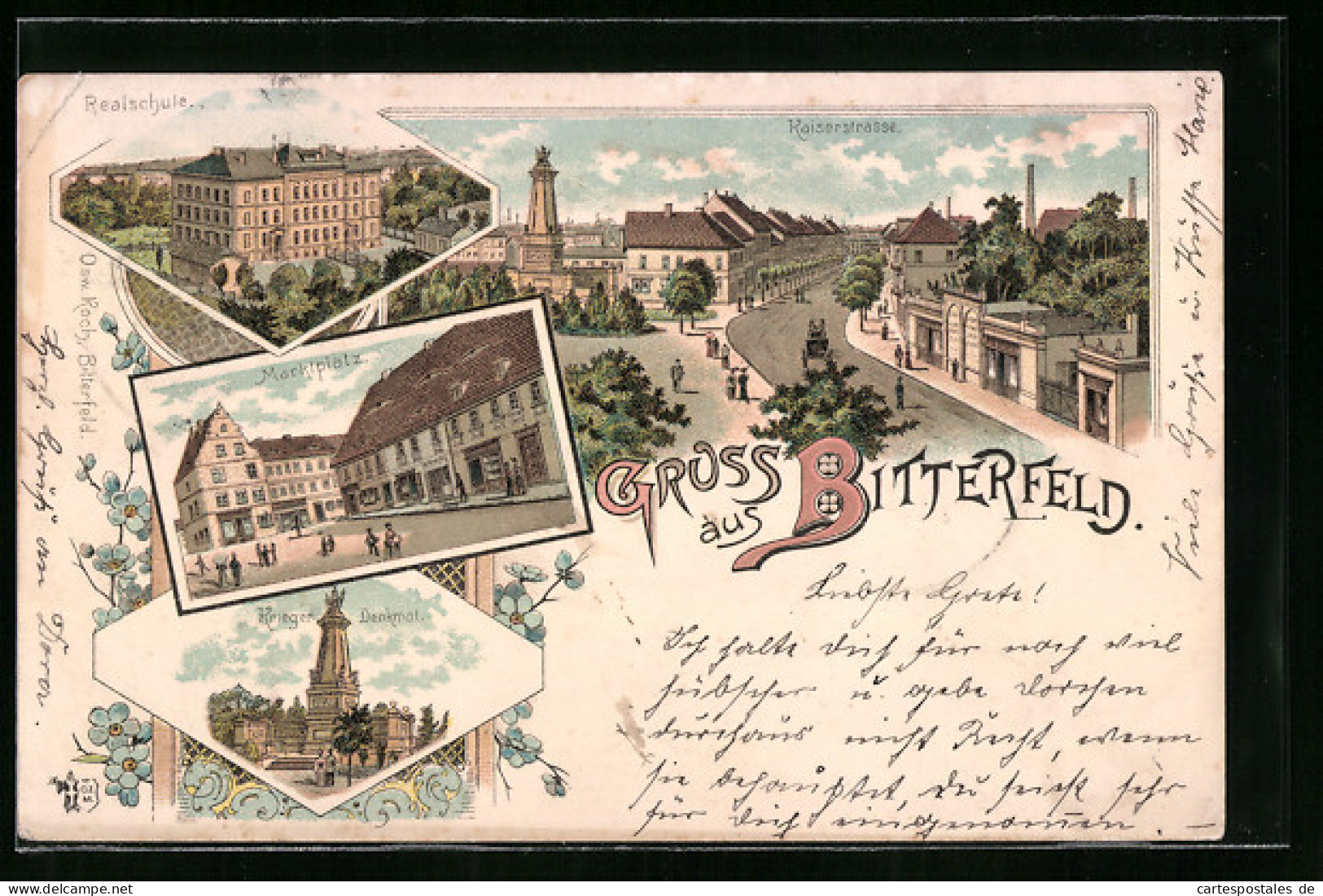 Lithographie Bitterfeld, Realschule, Marktplatz, Krieger-Denkmal  - Bitterfeld