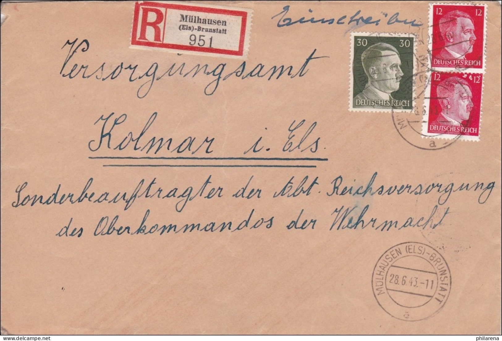 Elsass: Einschreiben Von Mühlhausen Nach Kolmar 1943 - Besetzungen 1938-45