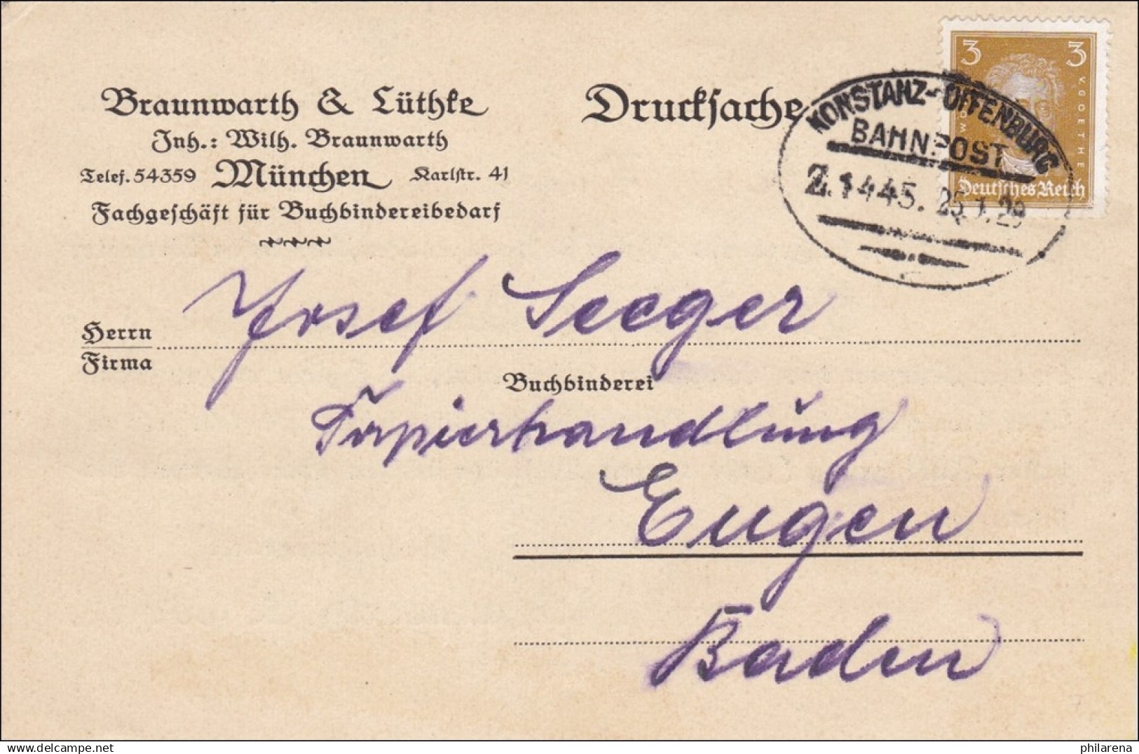 Bahnpost: Drucksachen Karte Von München Mit Zugstempel Konstanz-Offenburg 1929 - Lettres & Documents