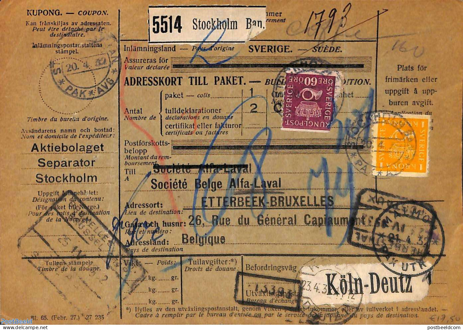 Sweden 1932 Parcel Card From Stockholm To Brussels, Postal History - Briefe U. Dokumente