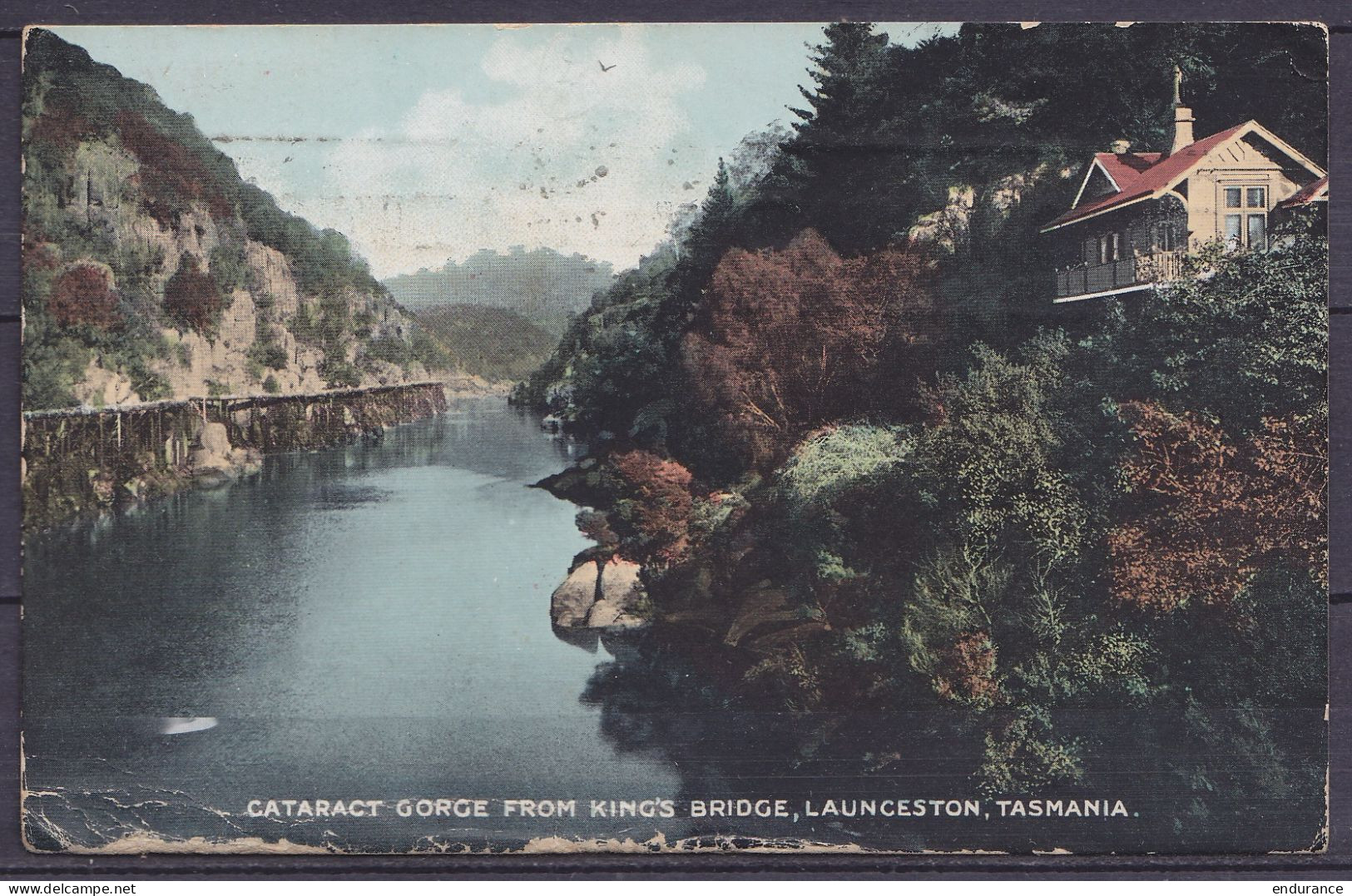 Australie - CP Colorisée "King's Bridge Launceston" Affr. 1½d Flam. "LAUNCESTON /21 SEP. 1917/ TASMANIA" Pour MARSEILLE  - Covers & Documents