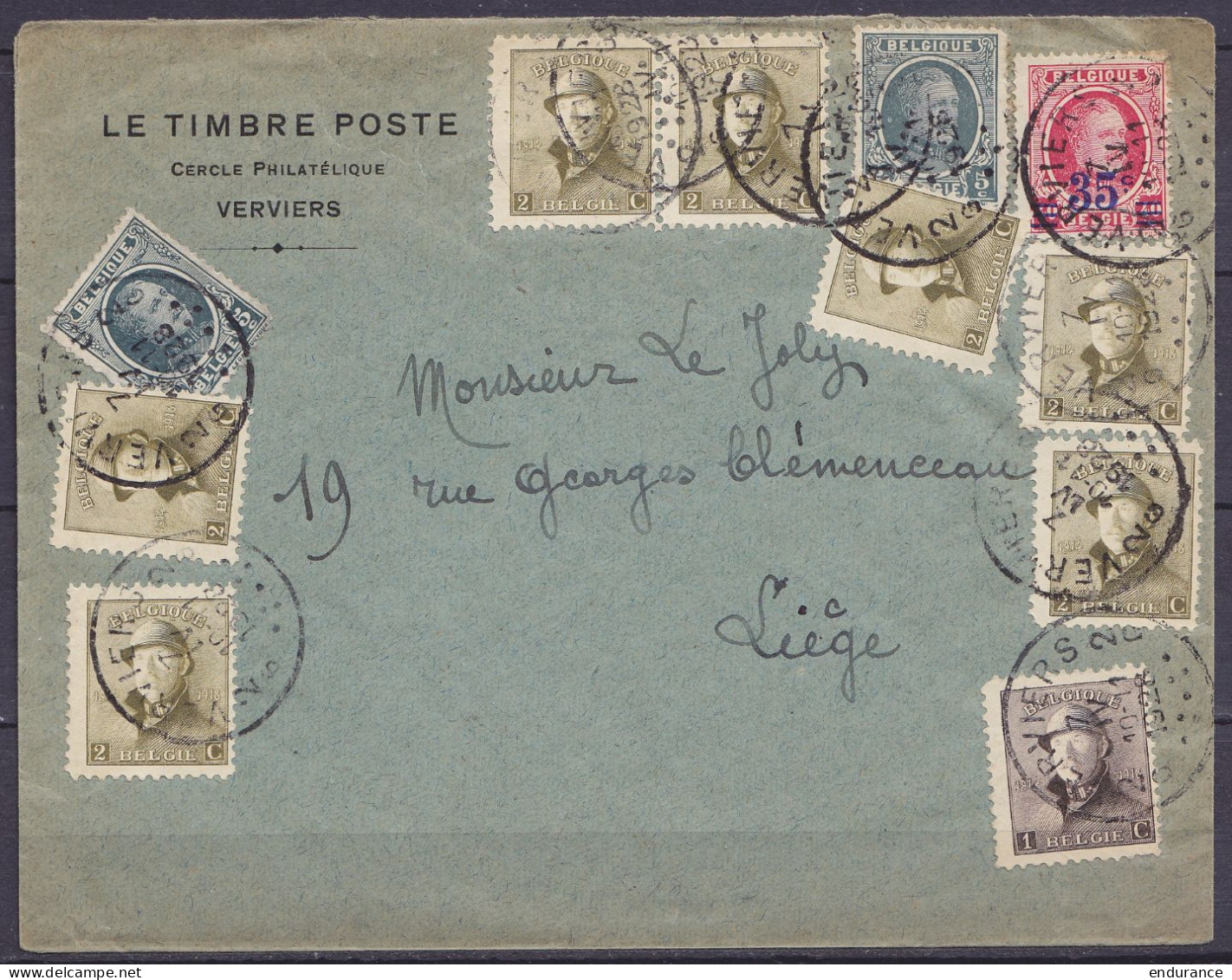 Env. "Cercle Philatélique Le Timbre Poste" Affr. 7x N°166 + 2x N°193 + 247 Càd VERVIERS /7 IV 1928 Pour LIEGE - 1919-1920 Roi Casqué