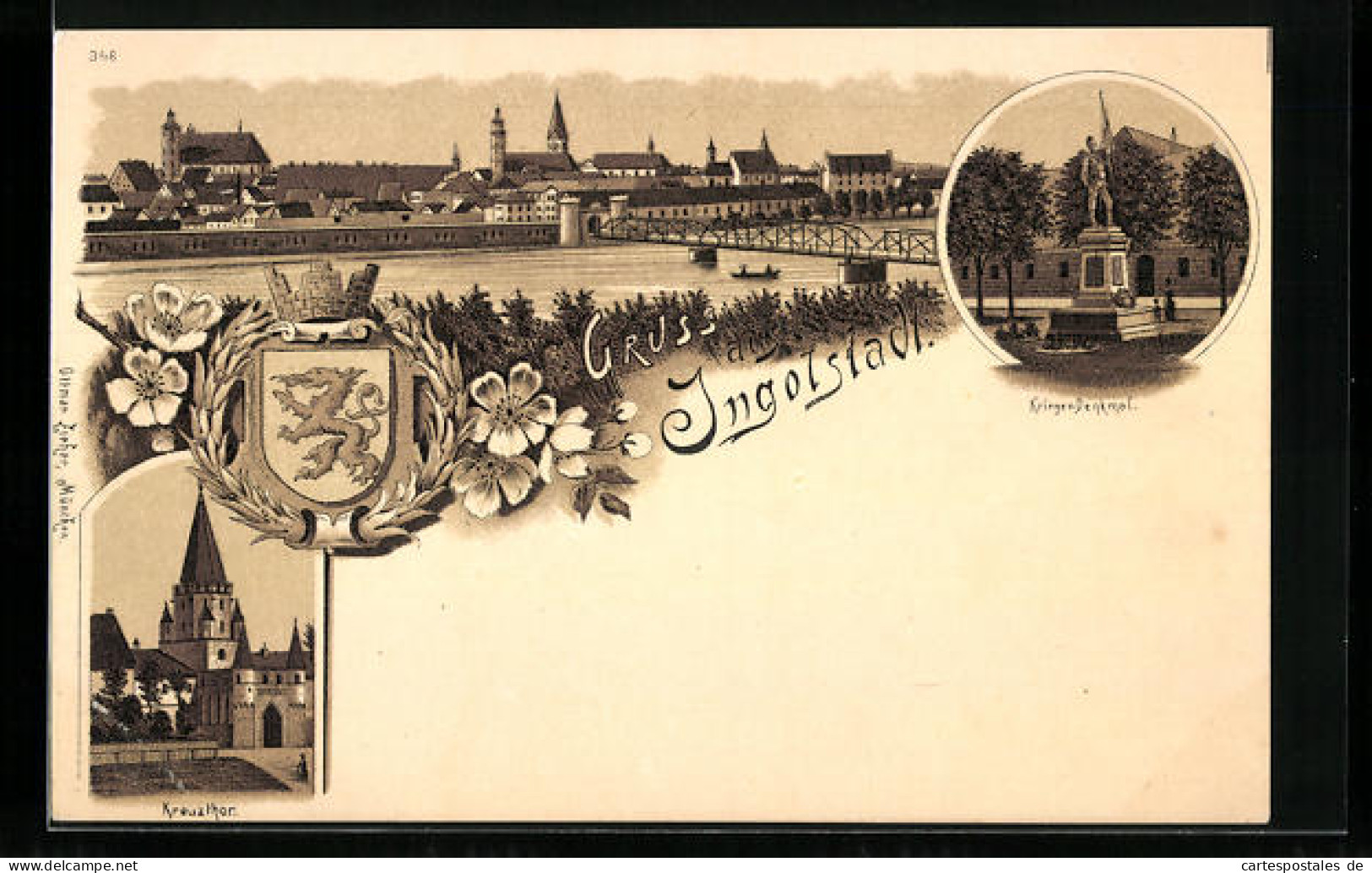 Lithographie Ingolstadt, Panorama Mit Brücke, Kreuzthor, Wappen, Kriegerdenkmal  - Ingolstadt